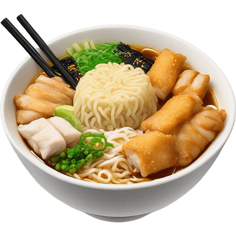 Buldak ramen with chicken and spring rolls emoji