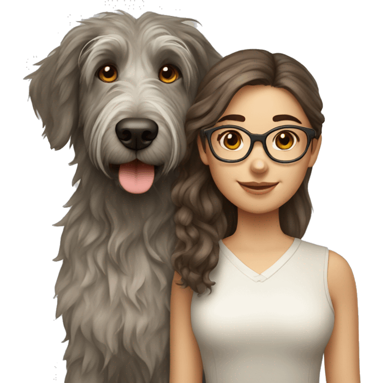 Brown wavy hair girl with glasses and an Irish wolfhound dog emoji