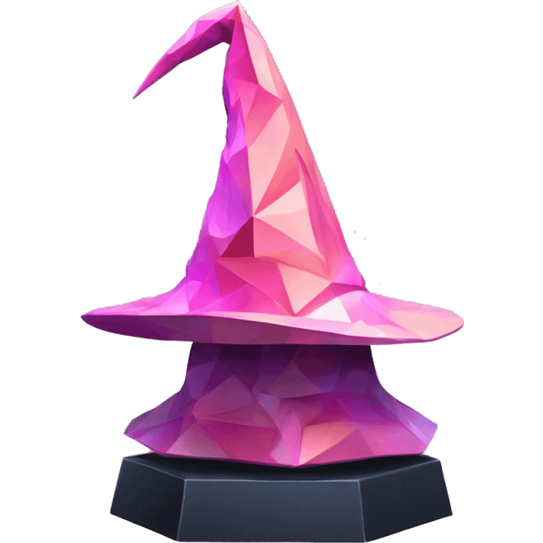 standalone sculpture Mage Witch Hat is geometric, faceted design. The sculpture is standing upright on a base with angular and baroque features. The vibrant midtone tints of pastels and pink highlights the sharp edges and planes.  emoji