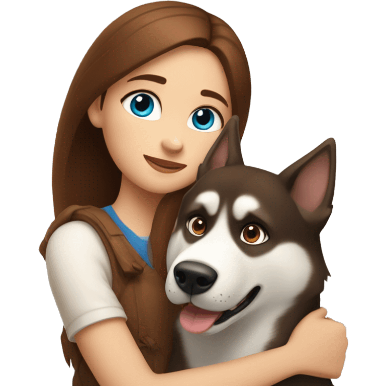 a girl with blue eyes and brown hair hugs a husky dog ​​with brown eyes emoji