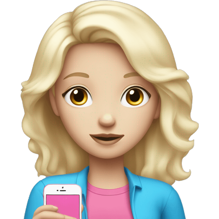 a white blond hair girl with blue eyes wearing a pink shirt holding a pink iphone  emoji