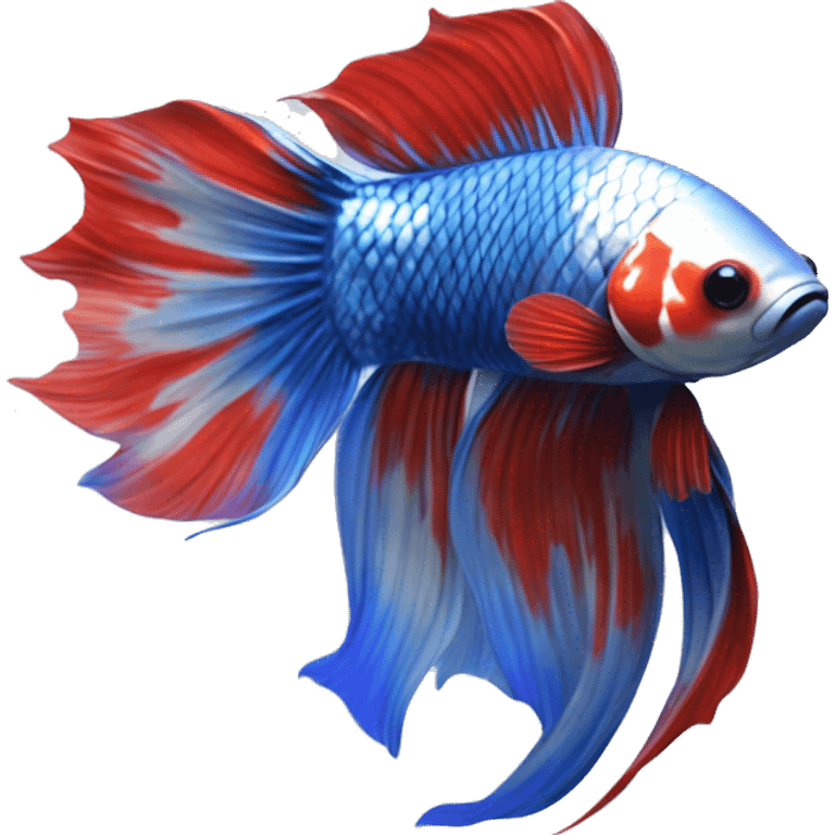 “A Koi Betta with a marbled pattern of red, white, and metallic blue. Its long, flowing fins mirror the vibrant body, with a shimmering blue iridescence emoji