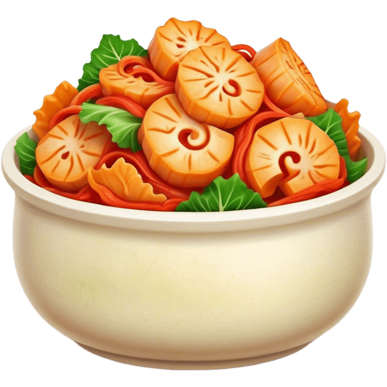 Cinematic Realistic Kimchi Dish Emoji, depicted as a vibrant fermented cabbage dish with a spicy kick rendered with detailed textures and dynamic, appetizing lighting. emoji