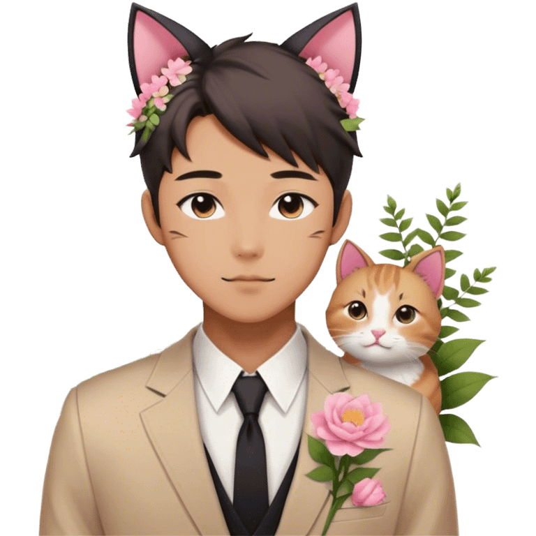 Gorgeous romantic anime style Asian formal modern shojo guy with cat ears and flowers and blushing face aesthetic trending style outside emoji