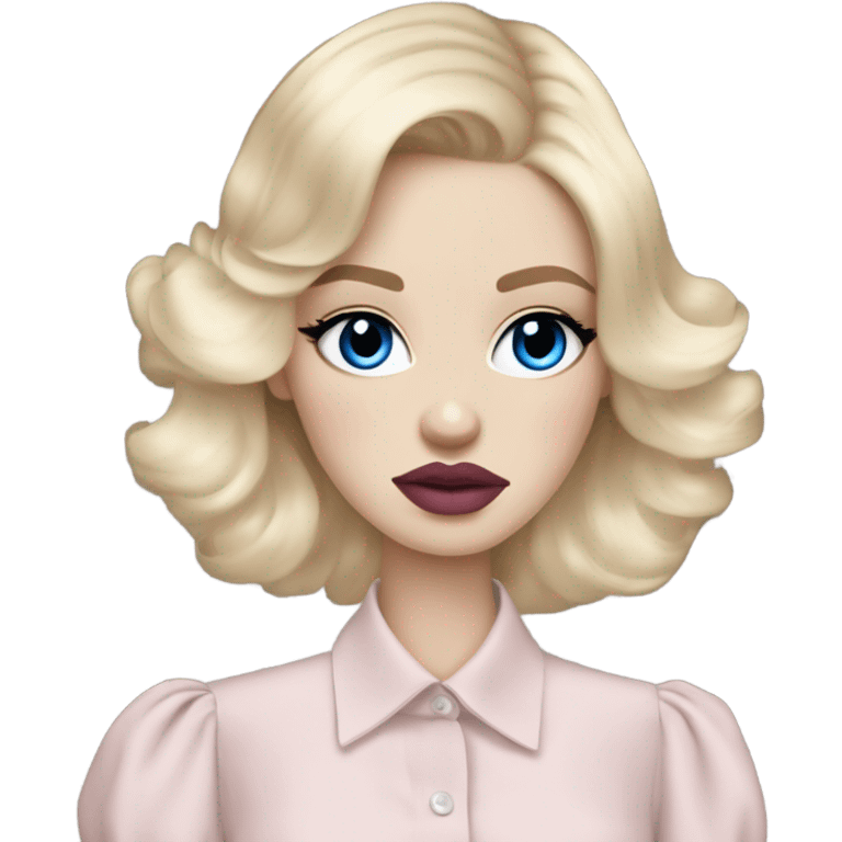 Hot girly pale blonde with blue eyes and light pink lips wearing YsL. Puffed sleeve shirt emoji