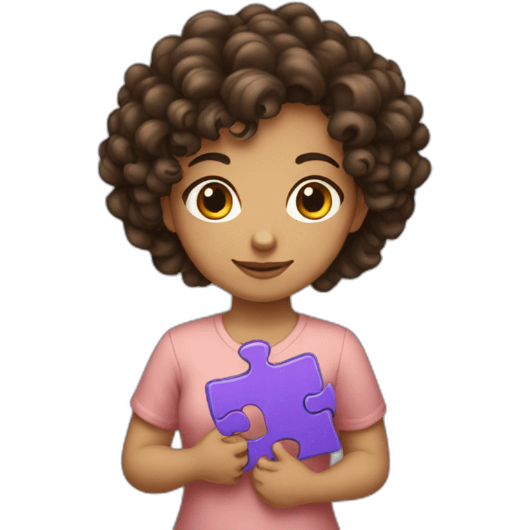 curly brunette girl holding a puzzle in her hands emoji