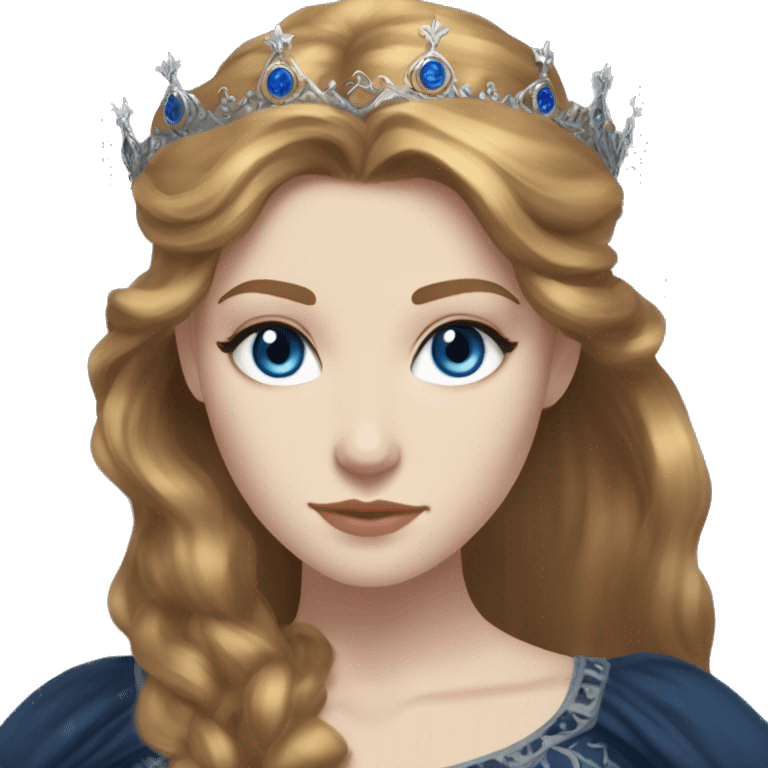 Feyre has pale skin, golden-brown hair and blue-grey eyes. She has a dark blue dress on with a silver crown emoji