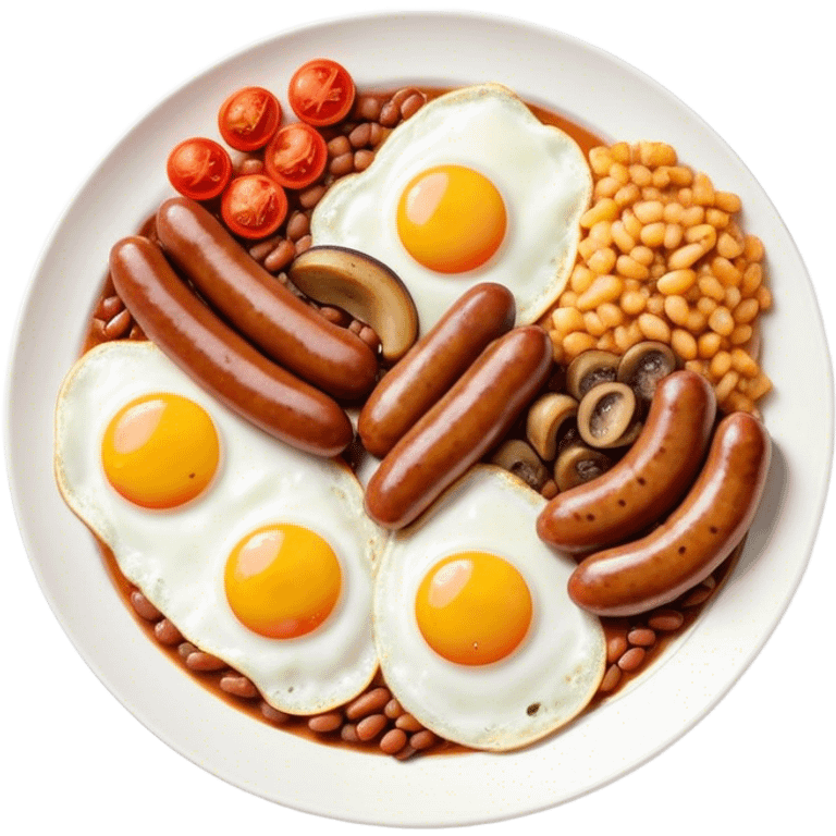 English Breakfast Cinematic Realistic English Breakfast Dish Emoji, depicted as a hearty plate featuring 2 sizzling sausages, a central serving of baked beans, 2 perfectly fried eggs, 2 sliced grilled tomatoes, 2 grilled mushrooms, and a triangle-shaped hash brown, rendered with vivid textures and warm, inviting lighting. emoji