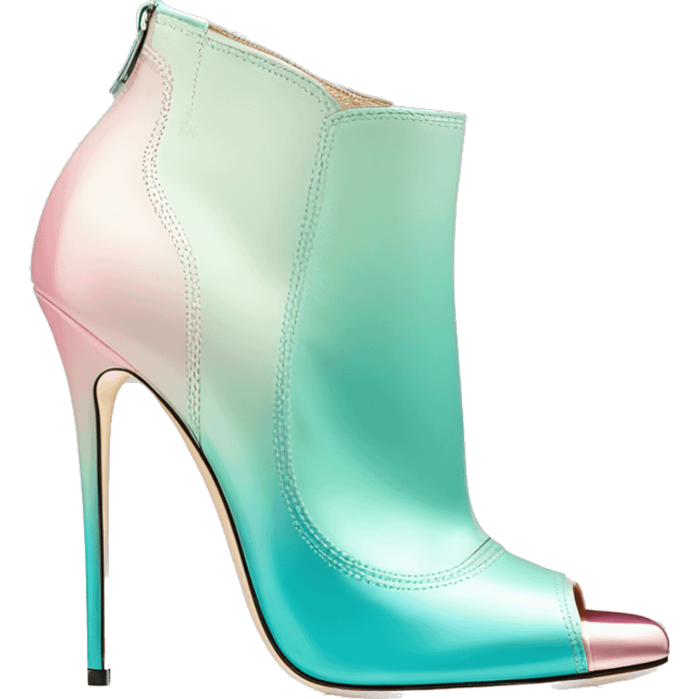 Realistic isolated top front view of a pair of metalliic tiffany blue to pastel pink ombre Jimmy Choo peep toe stiletto ankle booties. emoji