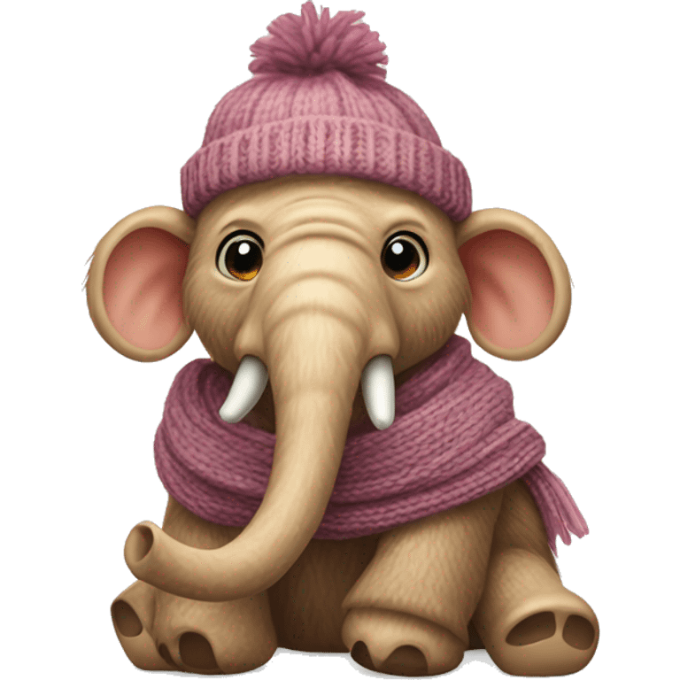 a baby mammoth in a small knitted hat and a narrow knitted scarf emoji