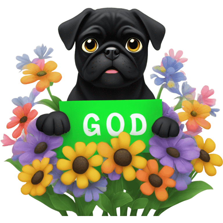 Black pug , surrounded by flowers, holding a green sign that says “good luck”  emoji