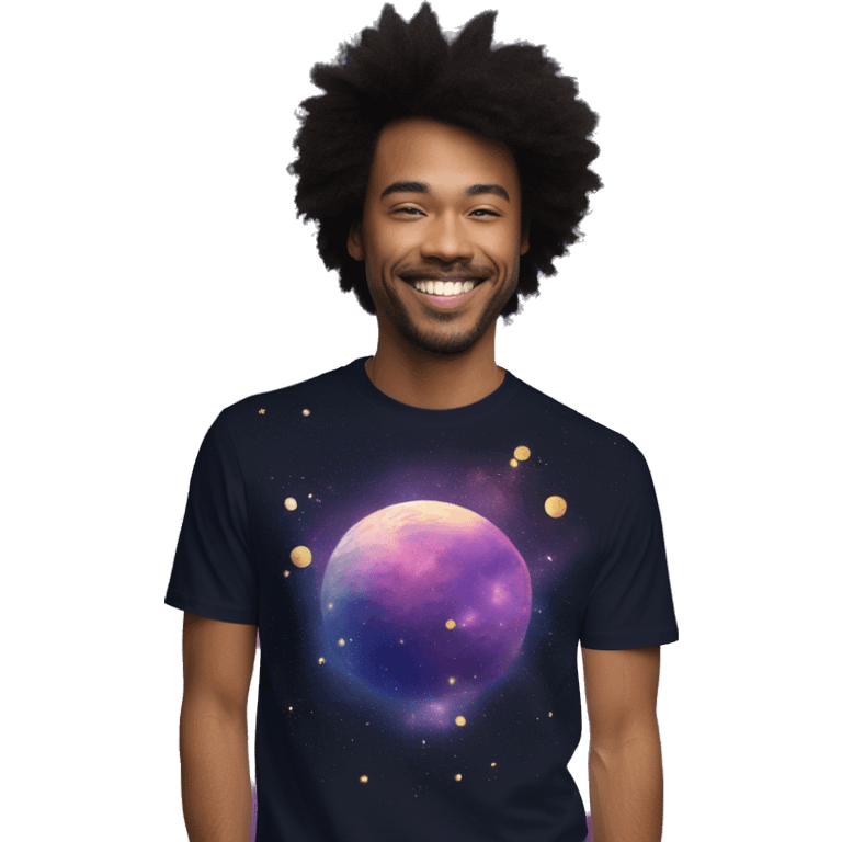 Person wearing T shirt with vintage gilded earth on t shirt with nebulas galaxies and constellations t shirt emoji