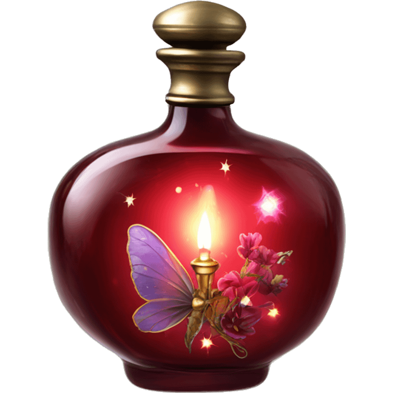 Dark red magic fairy light sparkling old Antique oil perfume bottle with herbal and flowers emoji