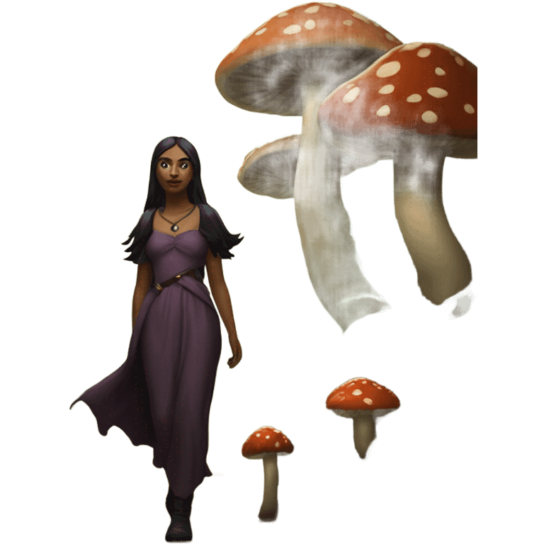 the morrigan walking in the woods with wisdom about mushrooms emoji