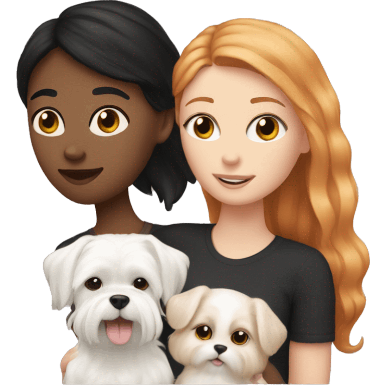 A white girl with black hair holding a Maltese dog and ginger cat side by side  emoji