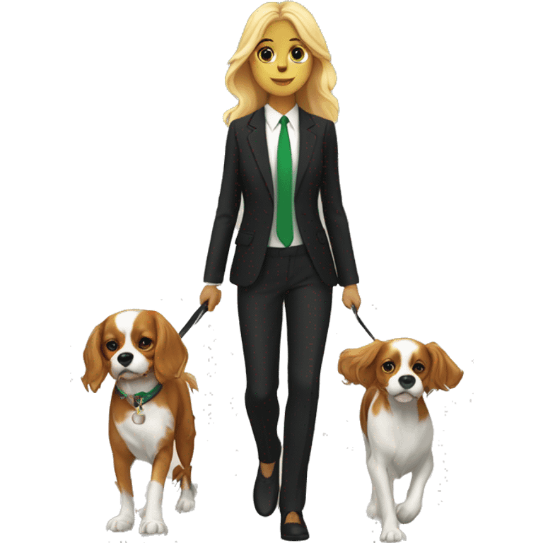 Blonde girl with green eyes going for a walk in suit with cavalier King Charles spaniel  emoji