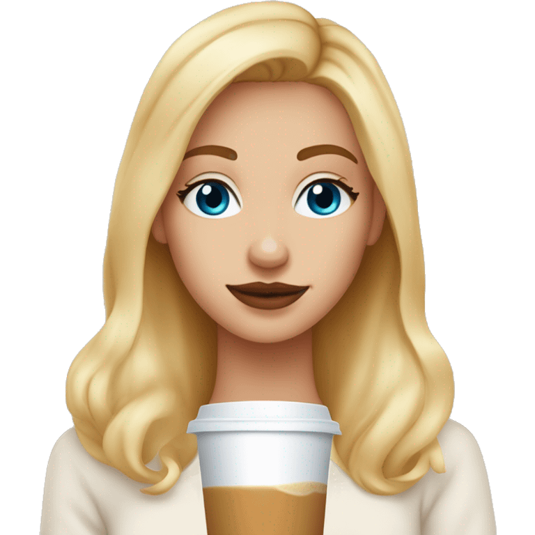 Blonde Blue eyed Girl who wears a white Pullover and Drinks pumpkin spice Latte  emoji