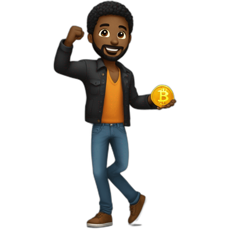 A young black man with beards and a low cut dancing while holding bitcoin in his hands emoji