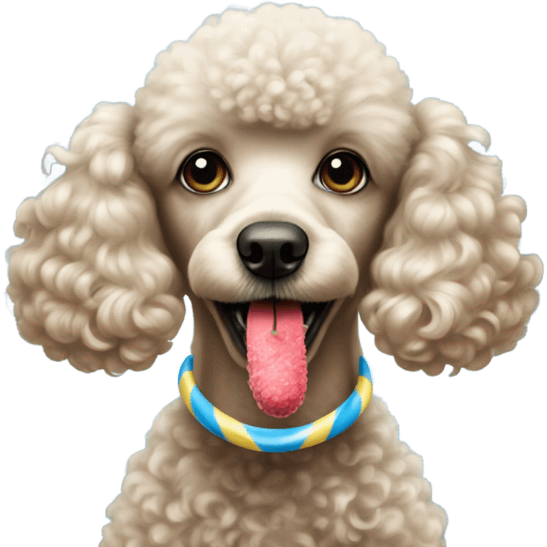 poodle holding blue and yellow candy cane in its mouth emoji