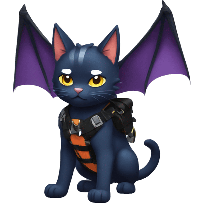 Cool Edgy Litten-Nargacuga-Cat with black bat-wing-ears with a harness full body emoji