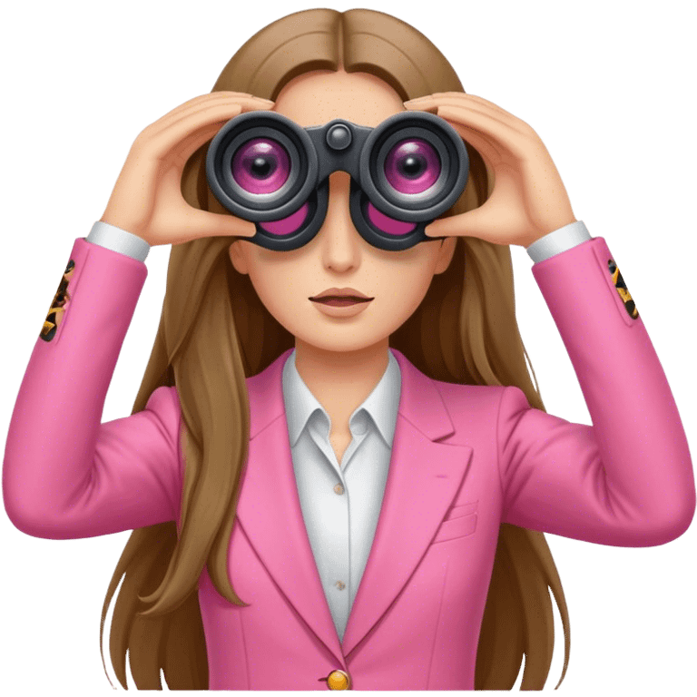 woman with long hair in a pink suit looking through two-eyed binoculars, front view emoji