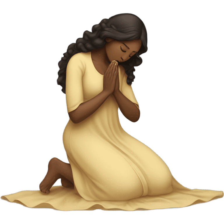 A woman kneeling praying, in a long dress, long curly dark brown hair emoji