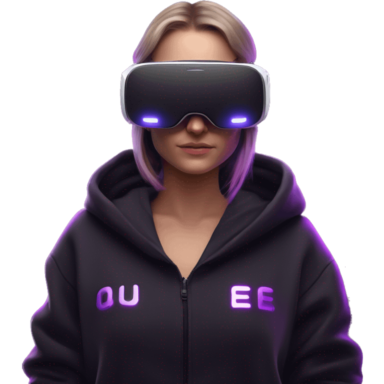 Russian girl wearing black hoody with violet letters "OMG", in vr headset oculus quest2. Standing like jedi. Cyberpunk style. Violet neon. emoji