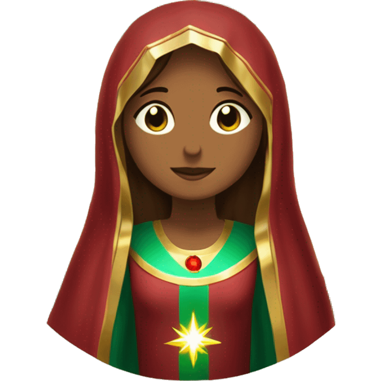 Virgin Mary: kind face looking down at the left, long brown hair, Wearing an emerald green  robe with gold stars and a burgundy red dress,  Hands in prayer or blessing. Halo around her head. standing in front of a big sun.  emoji