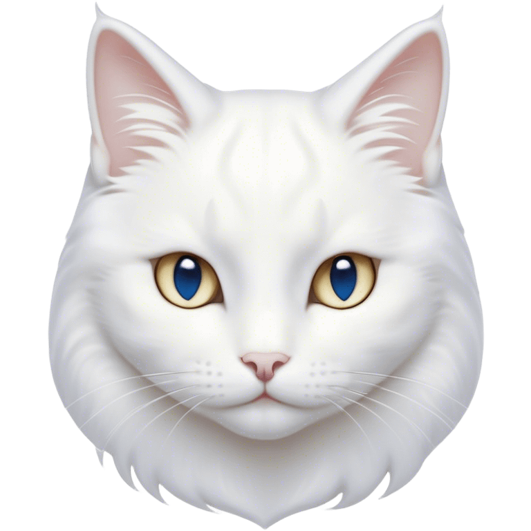 Cinematic Noble White Cat Portrait Emoji, Poised and stately, with a pristine, snow-white fur accented by delicate hints of silver, refined whiskers and a serene, focused gaze, simplified yet impeccably detailed, glowing with an ethereal radiance and timeless elegance, high shine, exuding calm intelligence and regal simplicity, soft glowing outline, capturing the essence of a noble white cat that radiates quiet majesty! emoji