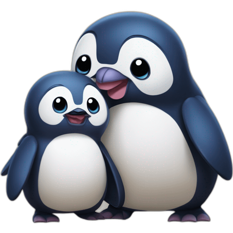 pareja de pingüinos disfrazados de stitch con una gatita emoji