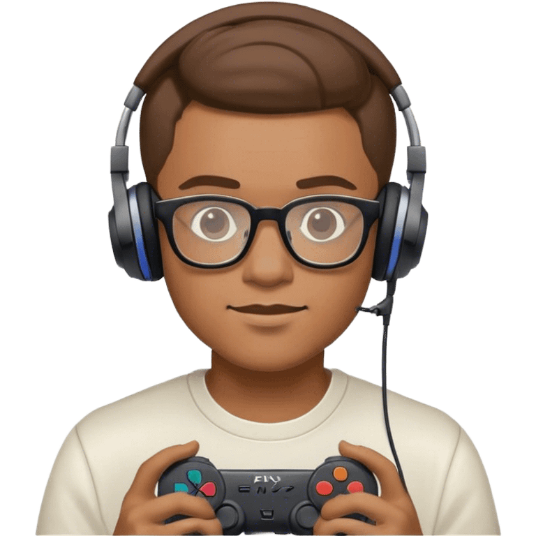 Muchacho guapo tez moreno claro con lentes con audífonos jugando playstation emoji