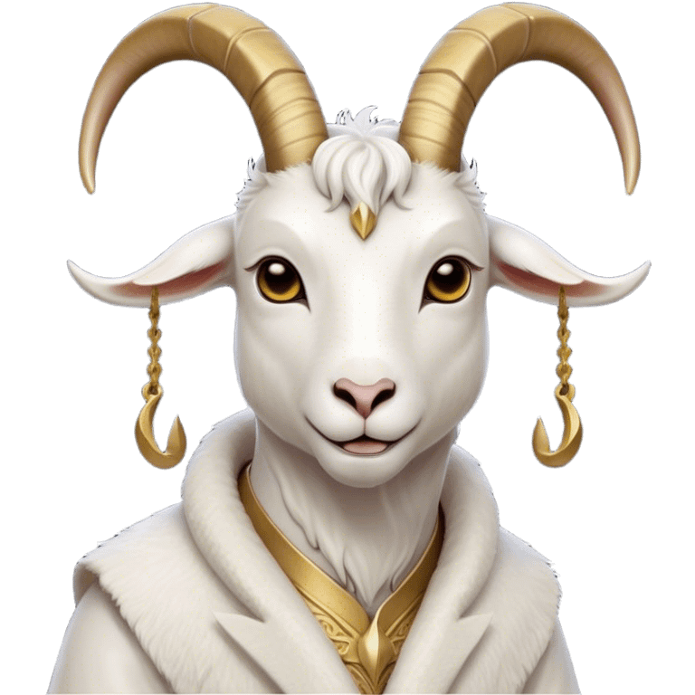 Cinematic Noble White Goat Portrait Emoji, Poised and regal, with a sturdy, agile build and a pristine, smooth white coat accented by gracefully curved horns, deep-set soulful dark eyes, Simplified yet sharp and sophisticated features, highly detailed, glowing with a soft, dignified glow, high shine, intelligent and spirited, stylized with an air of pastoral elegance, focused and attentive, soft glowing outline, capturing the essence of a watchful and confident goat, so majestic it feels as though it could leap out of the screen with effortless authority! emoji