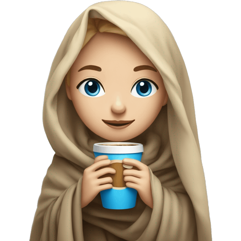  Cute dark Blonde girl with blue eyes wrapped in blanket drinking coffee emoji