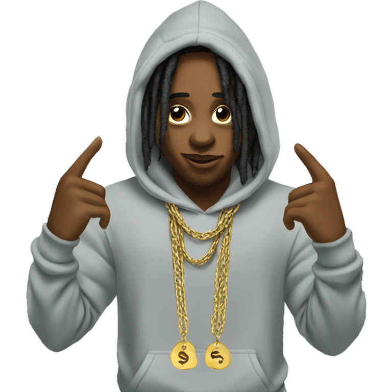 young hustler with dreads holding money with both hands wearing a hoodie  with gold jewelry chains on emoji