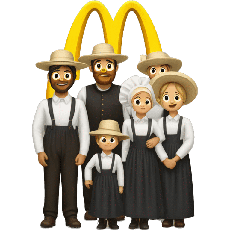 Amish family wearing bonnets under big McDonalds Golden Arches emoji