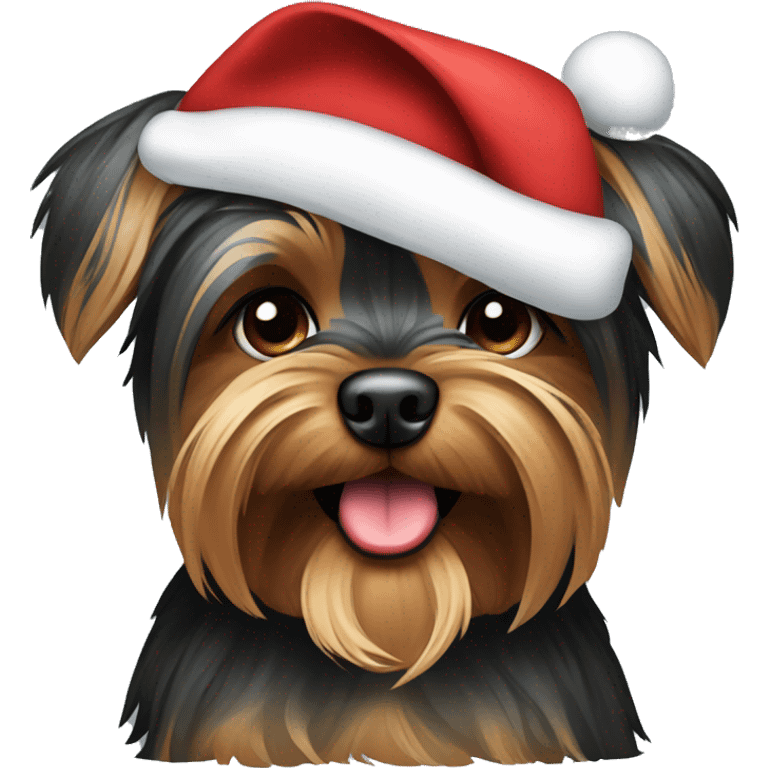 brown and black Yorkshire terrier with a Christmas hat emoji