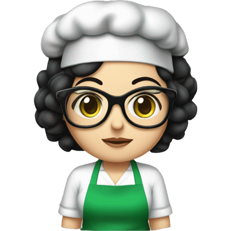 chubby lady with black hair and big eyes green apron  with glasses cooking  emoji