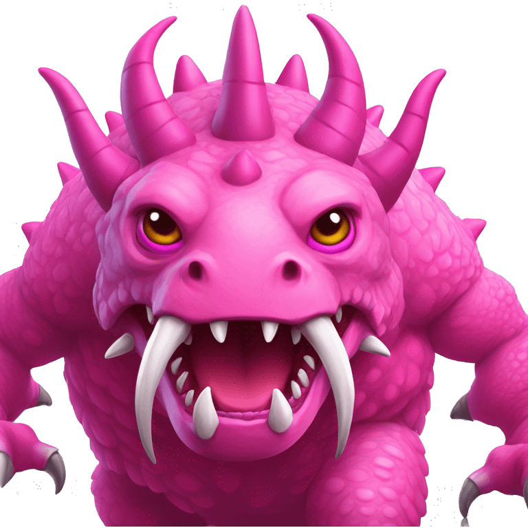 A giant pink kaiju with a long neck, 2 bright pink tusks, horns and 10 spines. He has also 4 full dark pink eyes, dark pink claws and he got 2 spines on its tail.  emoji