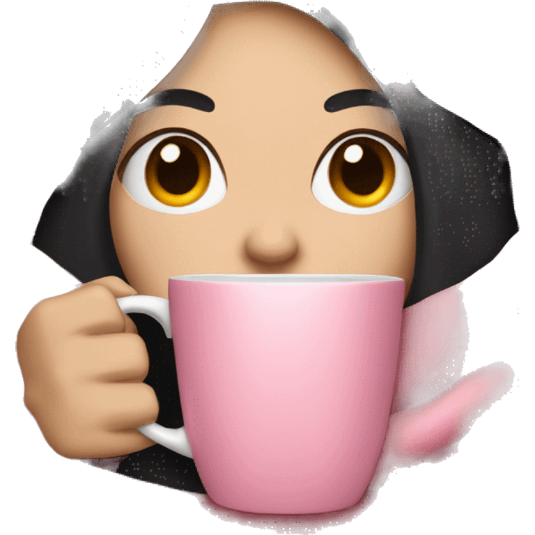 white girl with black straight hair inside a pink blanket sipping coffee eyes closed emoji