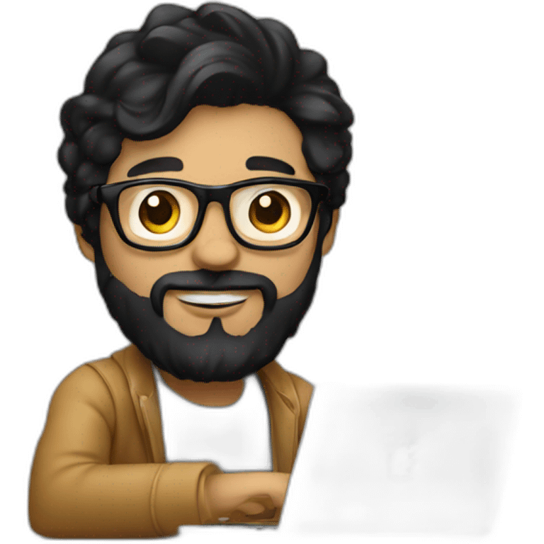 Designer with black hair, beard and glasses working with MacBook and drinking cappuccino  emoji