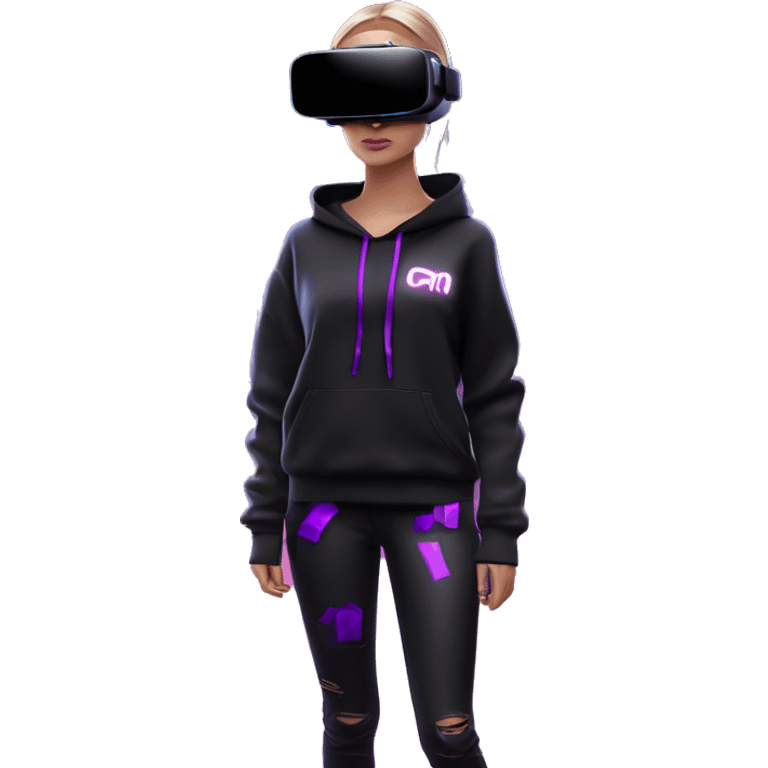 Russian girl wearing black hoody with violet letters "OMG", in vr headset oculus quest2. Standing like jedi. Cyberpunk style. Violet neon. emoji