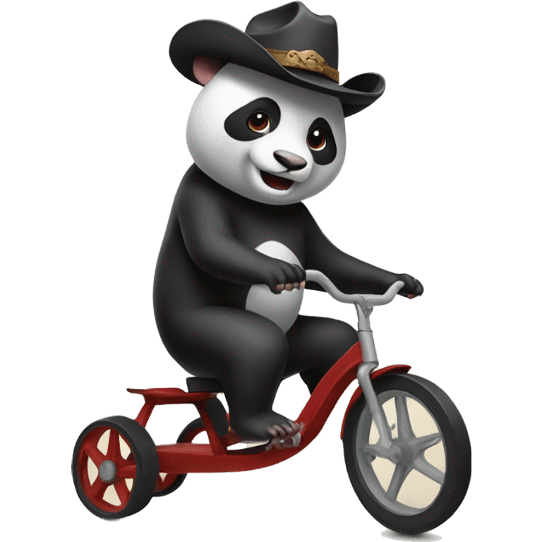 A mix between a panda and a rat wearing a cowboy hat and riding a tricycle emoji