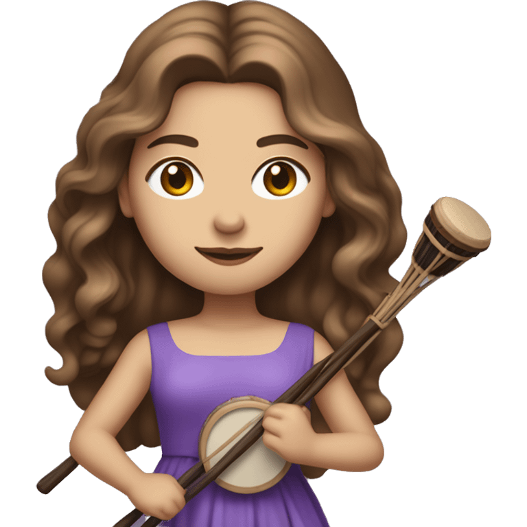 White woman standing with long flowing purple dress and long wavy brown hair holding a small handheld frame drum and a drum beater emoji