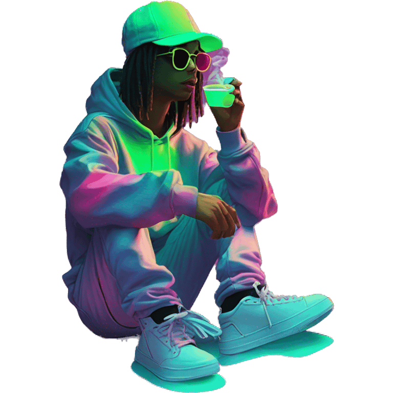 Multicoloured neon person smoking wearing hoodie dancing hip hop bucket hat tropical Skater fashion aesthetic baggy clothes graphic t shirt 420 emoji