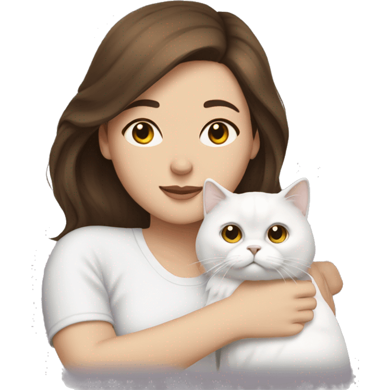 Brunette woman snuggling white Persian cat emoji