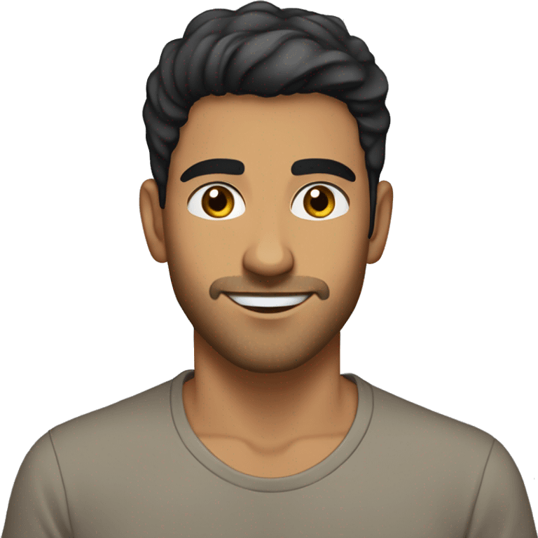 A 21 year old, Middle Eastern man, with short black hair, with stubble facial hair,   with brown eyes wearing a t-shirt. emoji