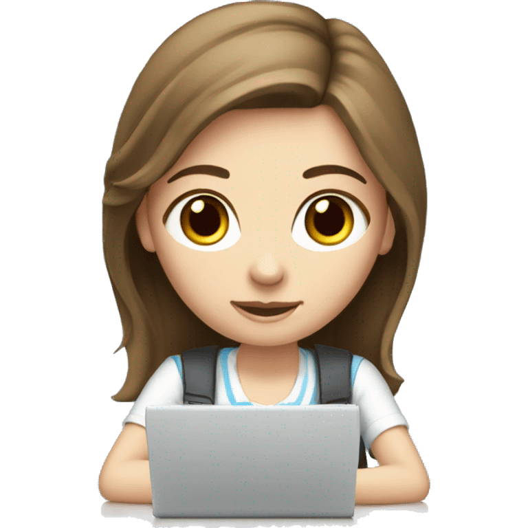 white girl studying at a white desk, brown hair, blue eyes, computer emoji