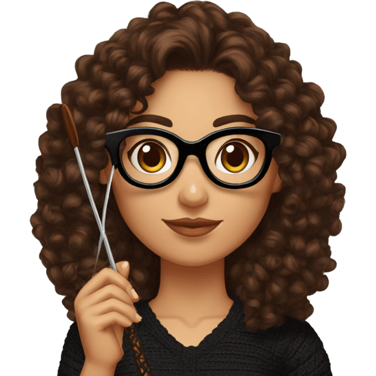 Hispanic woman with long chocolate brown curly hair,cateye black glasses, brown eyes, holding a crochet hook in one hand and yarn in the other hand, wearing a black lace shirt emoji