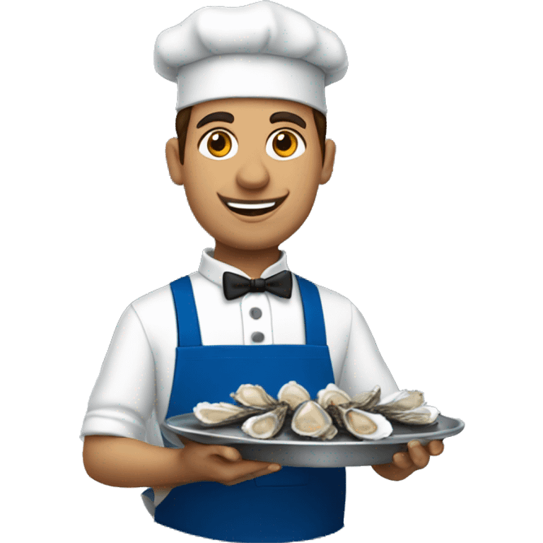 waiter in a blue apron holding oysters emoji