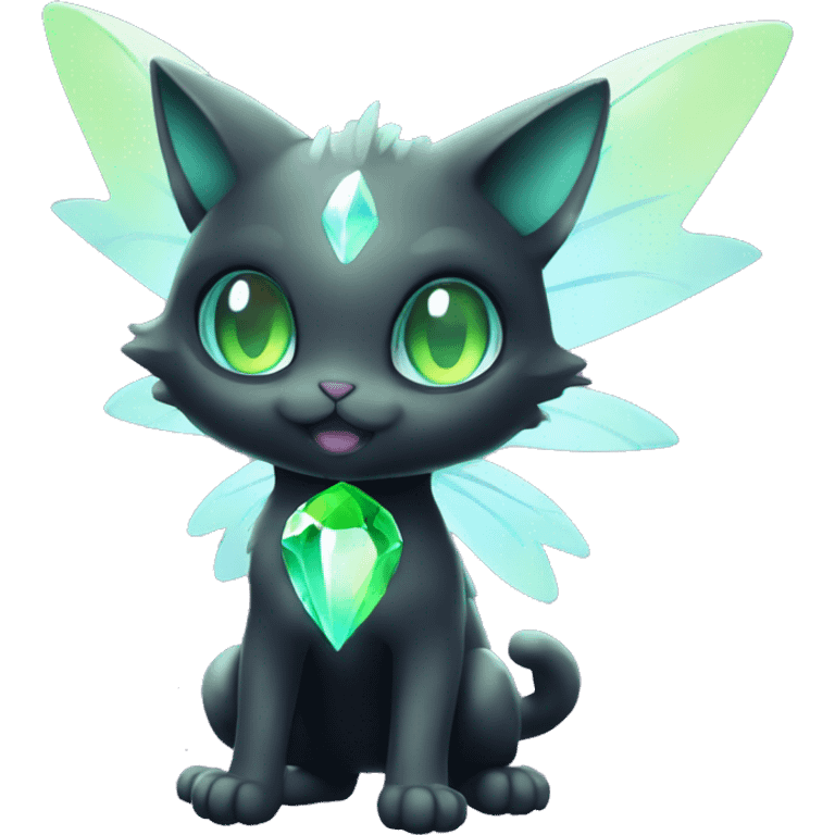 Shiny, Sparkly, Black Dark-type-Fairy-Type-Psychic-Ice-type-Fakémon-Cat Purple eyes, green gem, full body emoji